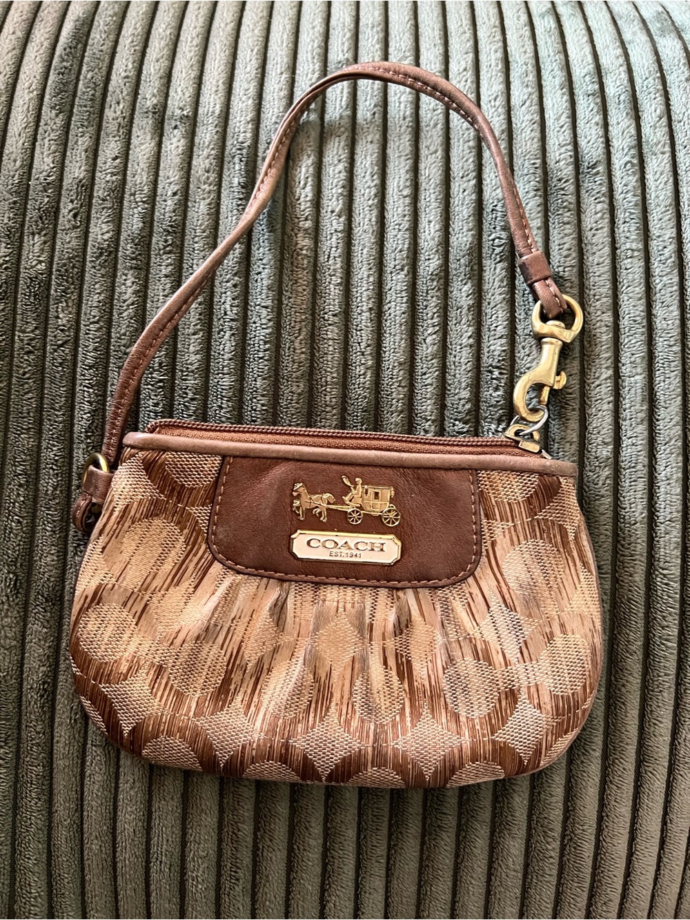 Coach Tan and Brown Signature Mini Wristlet